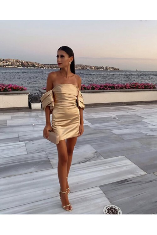 Gold Mini Geniş Kol Elbise