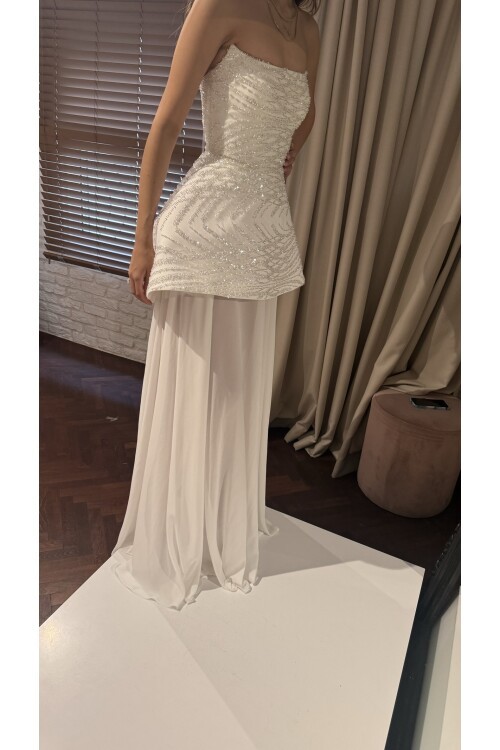 Straplez Transparan Şifon Uzun Elbise